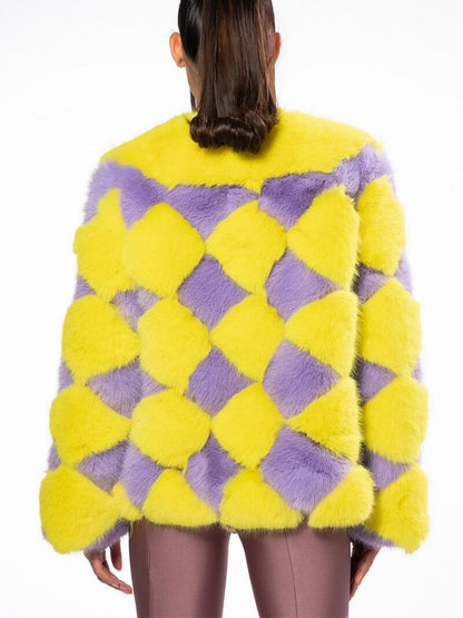 Vibrant Color Block Faux Fur Coat