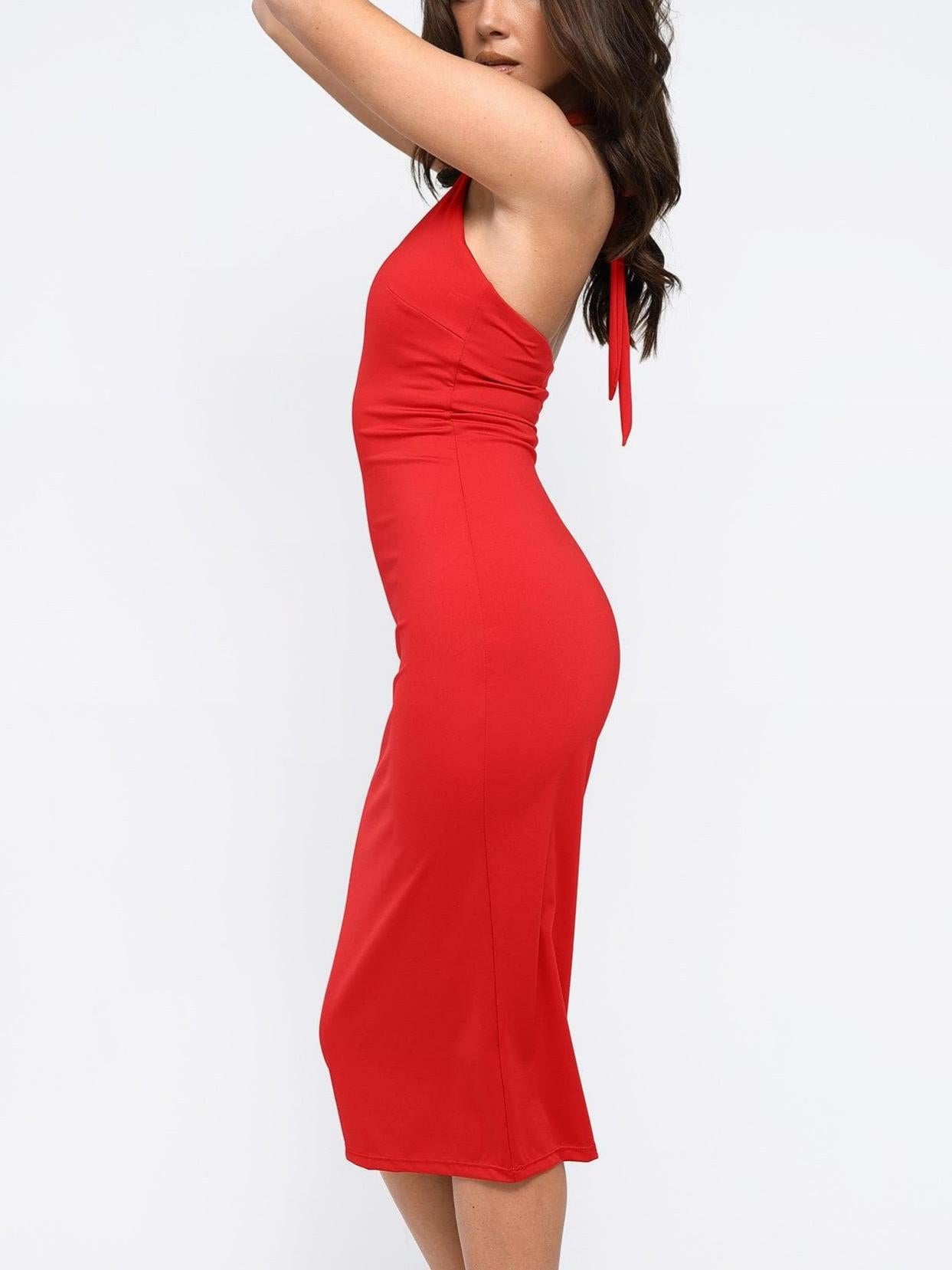 Red Halter Neck Bodycon Midi Dress