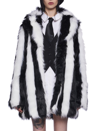 Bold Black & White Striped Faux Fur Coat
