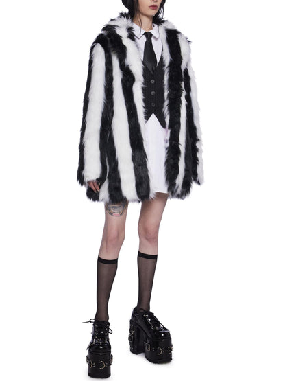 Bold Black & White Striped Faux Fur Coat