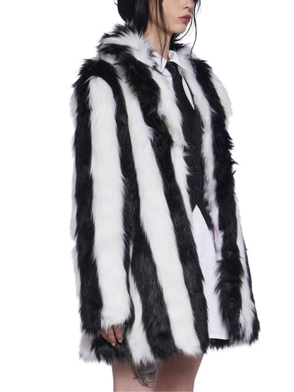 Bold Black & White Striped Faux Fur Coat