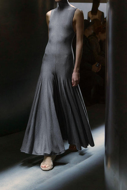 Heather Gray Mock Neck Pleated Maxi Dress