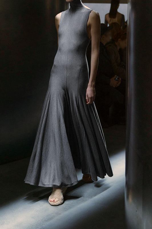 Heather Gray Mock Neck Pleated Maxi Dress