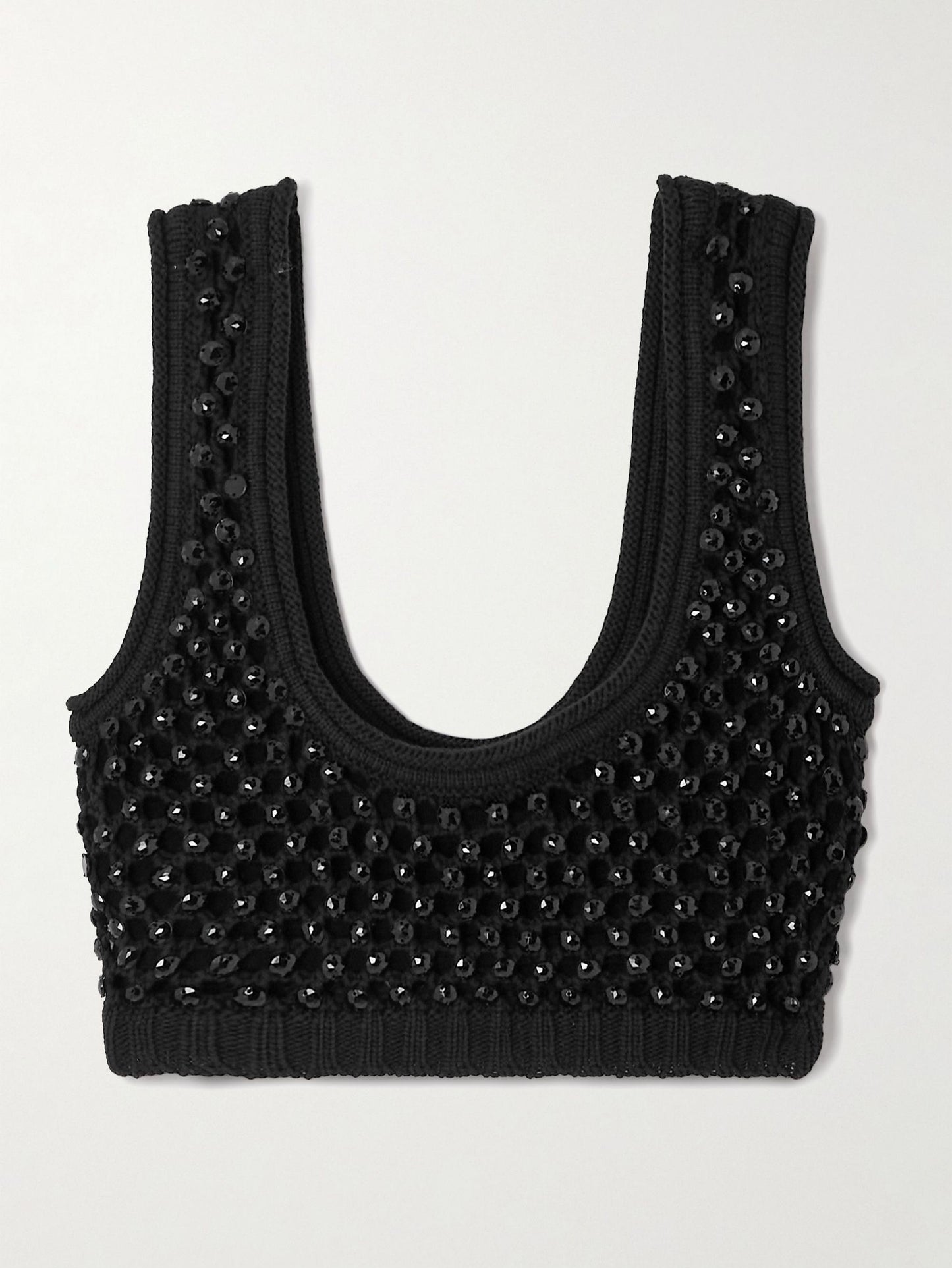 Black Cropped Rhinestone-embellished Crocheted Cotton-blend Top