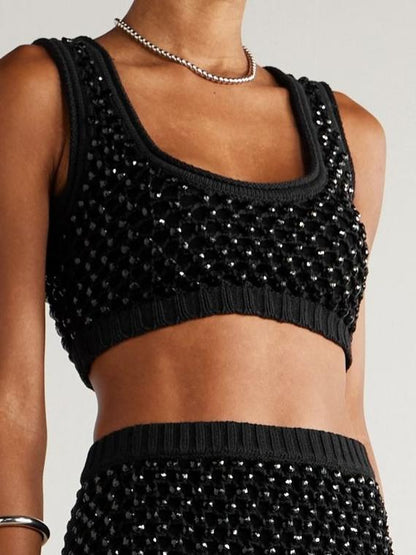 Black Cropped Rhinestone-embellished Crocheted Cotton-blend Top