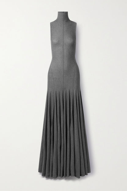 Heather Gray Mock Neck Pleated Maxi Dress